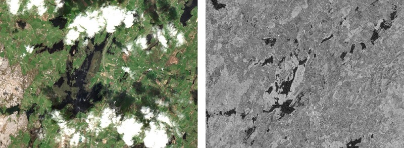 Comparison of Copernicus Sentinel-2 (left) and Sentinel-1 (right) imagery near Gort, Co. Galway in late March 2020