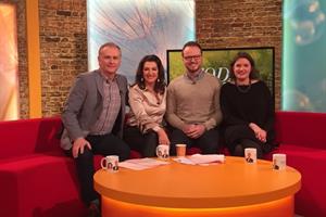 Left to right: Dáithi Ó Sé, Maura Derrane, Michael Waldon and Siobhán Power on the set of RTE Today Show 