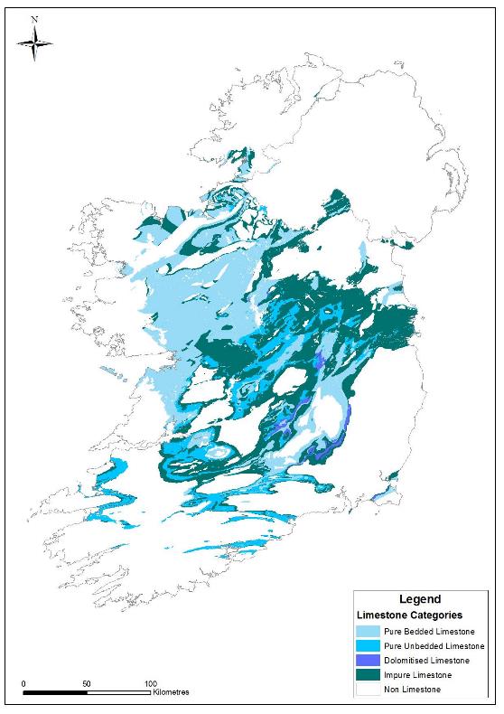 map showing the distribution of limestone categories in Ireland
